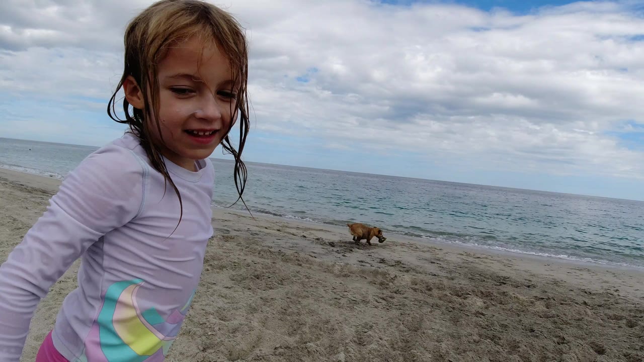 Young girl in a pale long-sleeve top stands close to the camera on a Los Cabos beach while a brown dog moves along the sand near the ocean behind her.