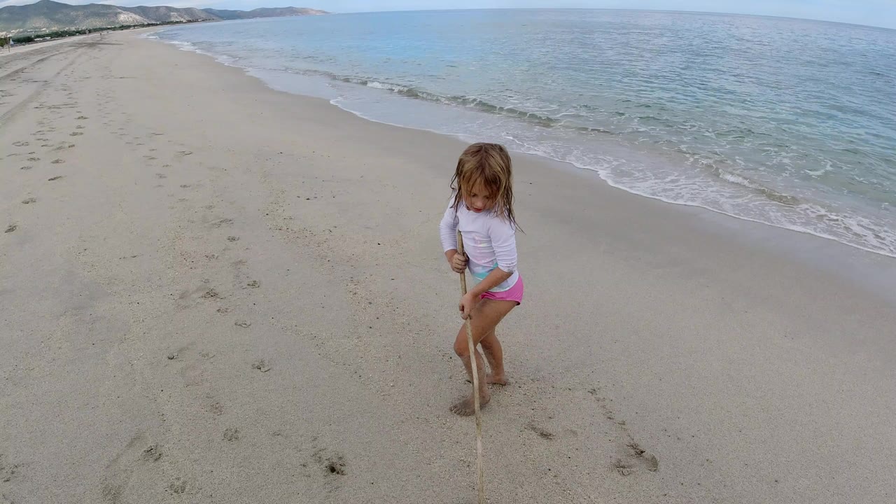 Young girl holding a stick on an empty beach near gentle surf.