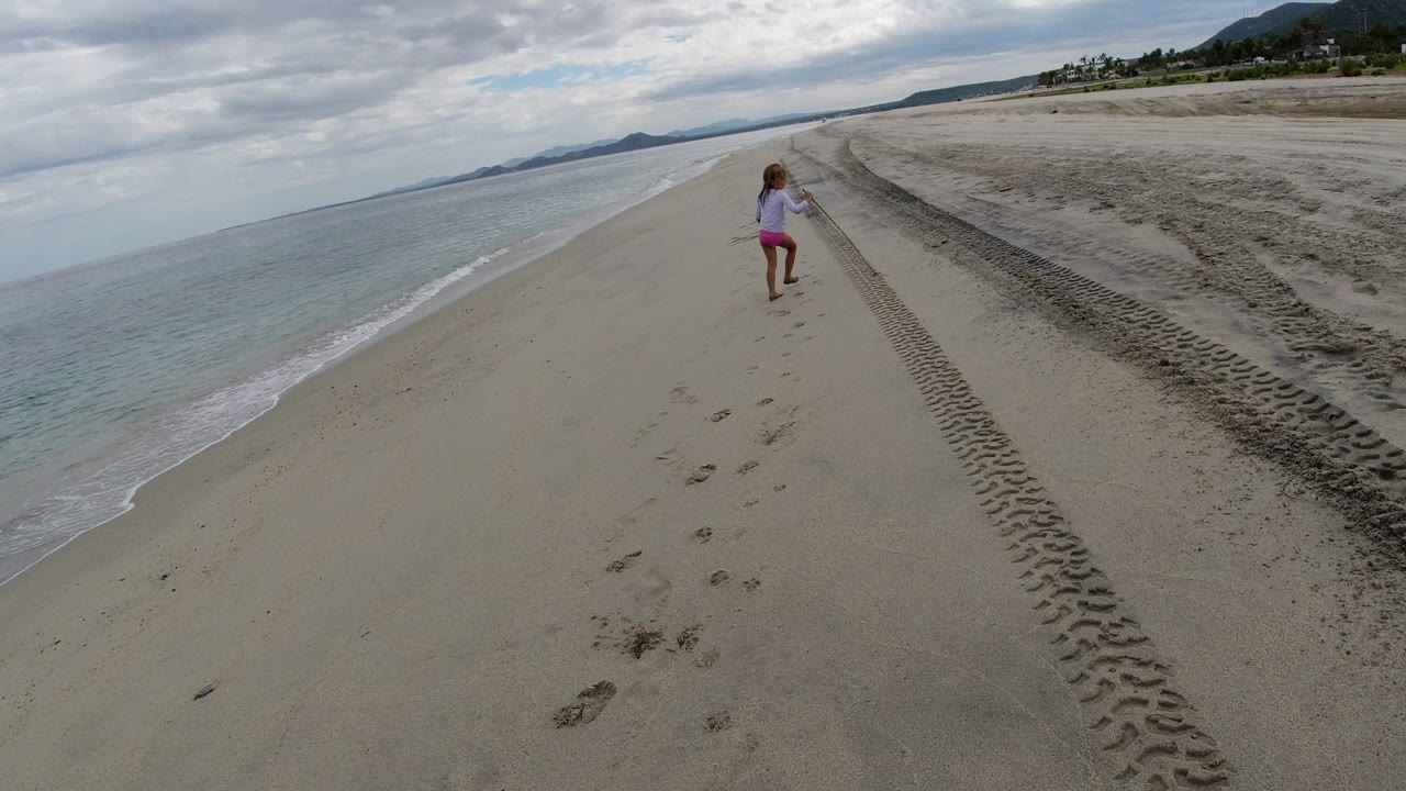 Child walking on a sandy beach near tire tracks with ocean beside the shore.
