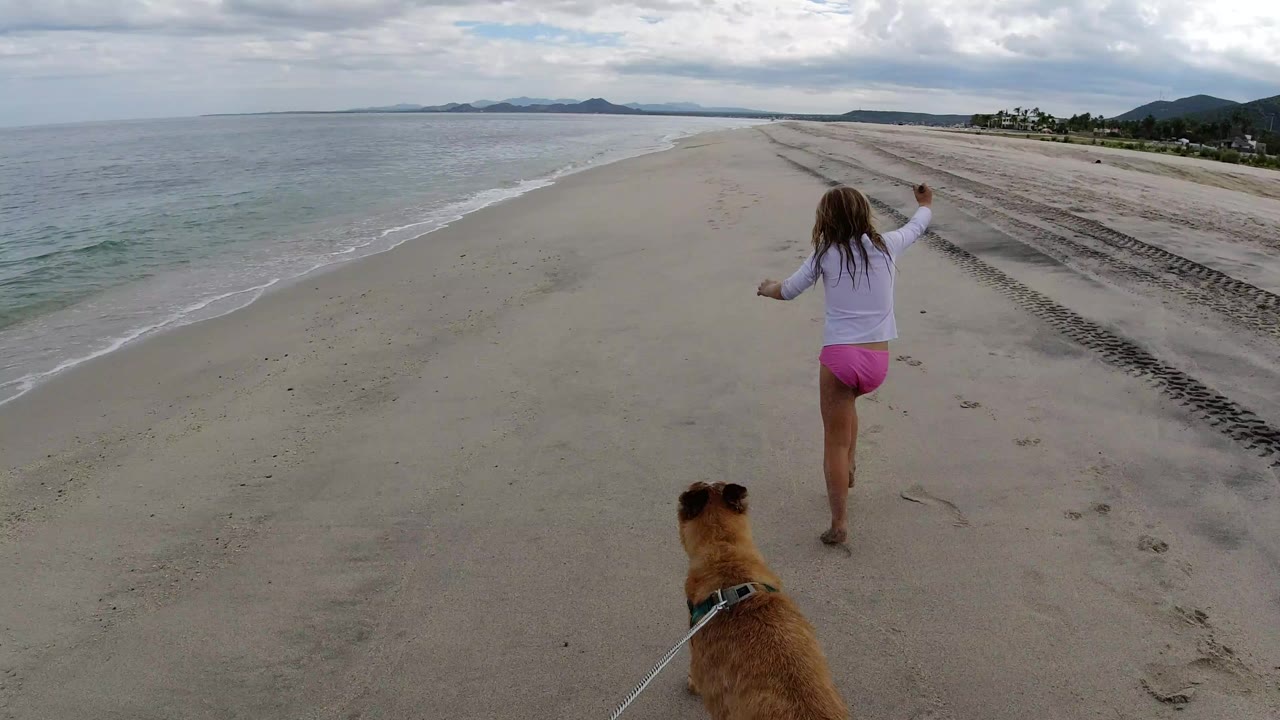 Girl runs along a beach ahead of a dog near the surf.