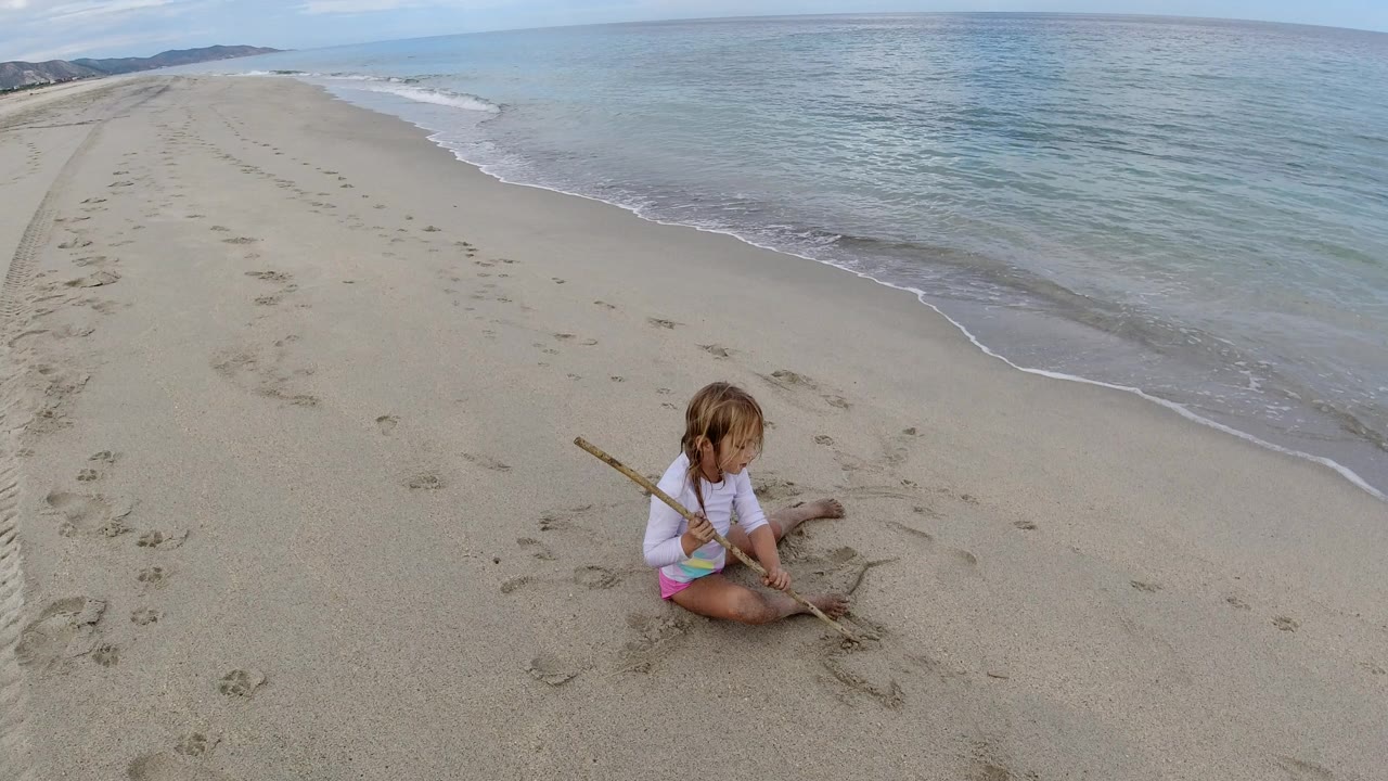 Young child sitting on sandy beach near the ocean with sticks.