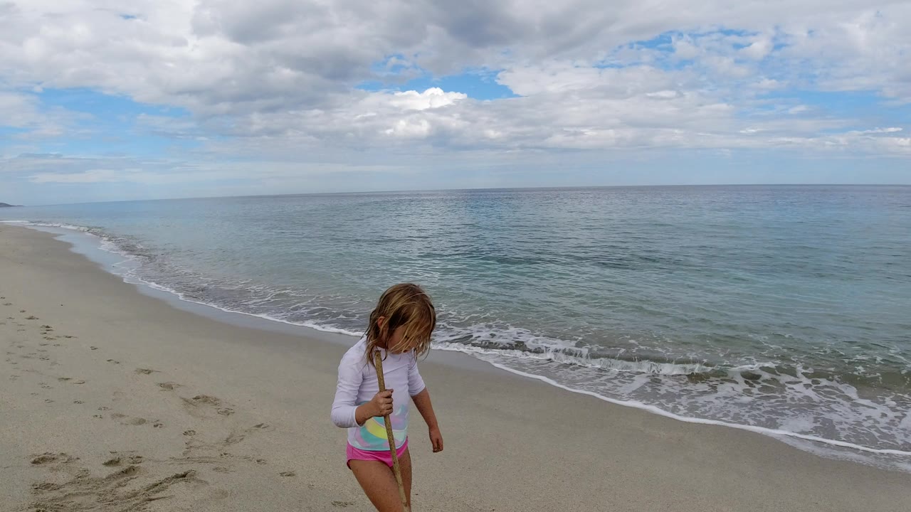 Blond child holding a stick near the surf on a sandy beach.