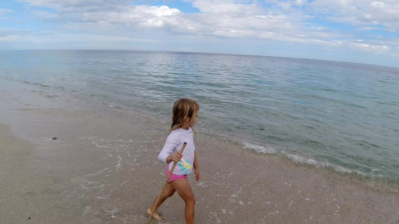 Young girl walks along wet sand beside calm surf holding a stick.