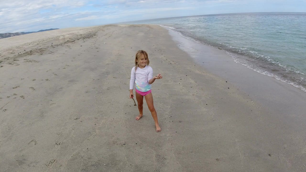 Young girl standing on wet beach sand near the shoreline.
