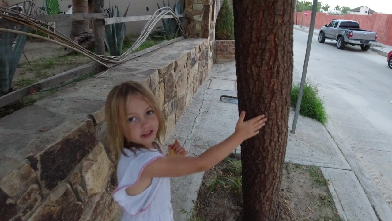 The child remains near the tree and looks toward the camera, with the stone wall, sidewalk, parked truck, and red wall visible in Los Cabos, Mexico.