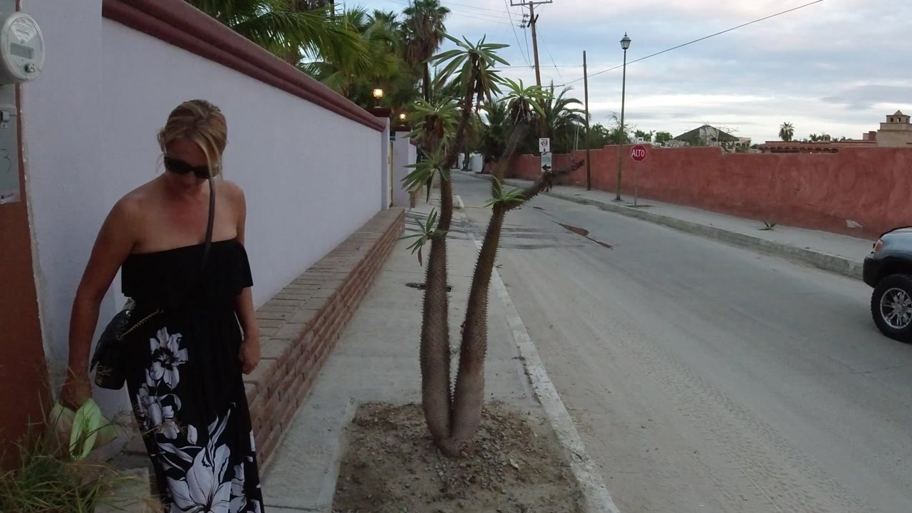 Woman in sunglasses beside a white wall on a quiet street