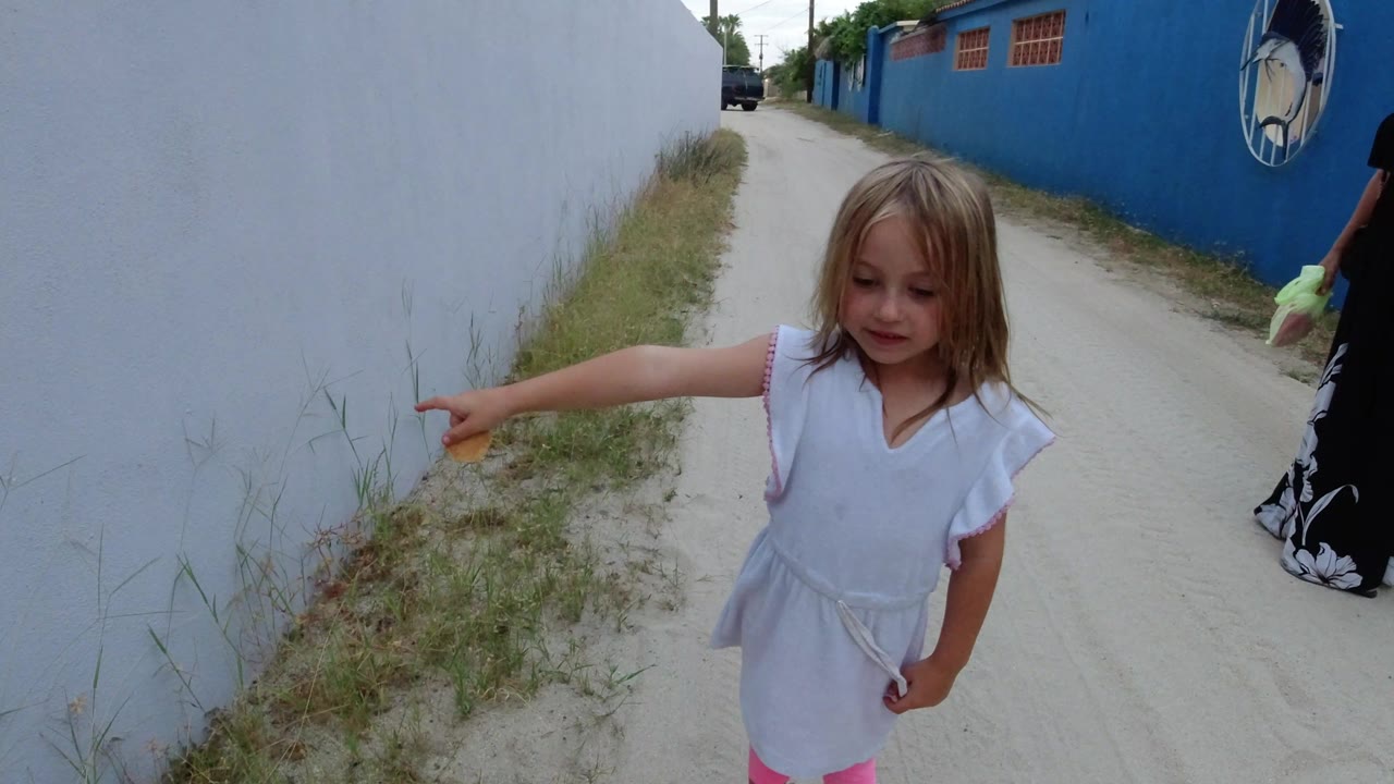 In Los Cabos, Mexico, the child remains near the white wall with one arm extended toward the grass strip, while the blue wall and sandy lane continue into the background.