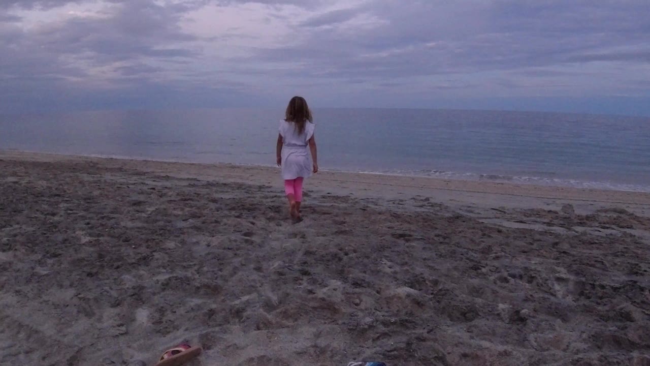 Girl walking away on sandy beach toward the ocean.