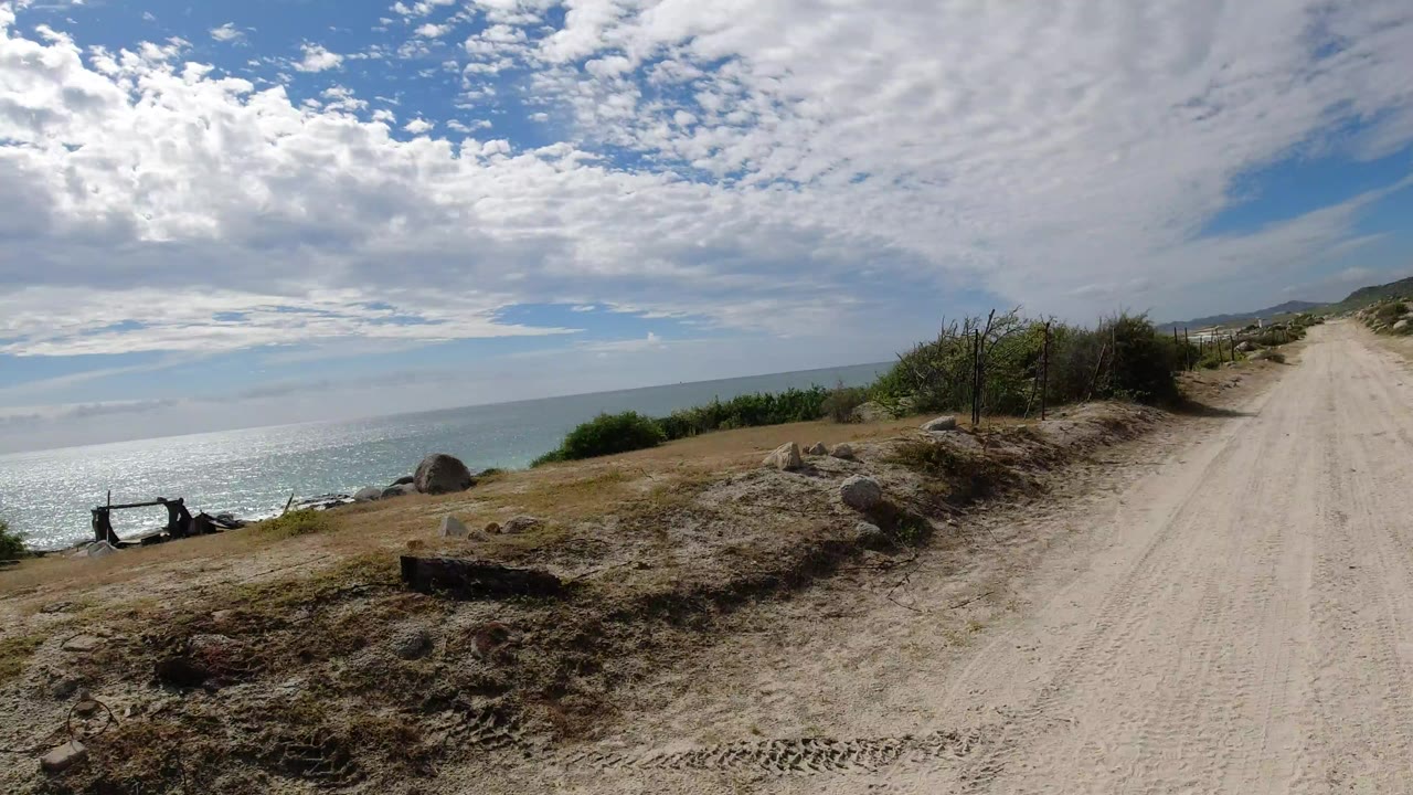 A rough dirt road in Los Cabos, Mexico runs along the coast with ocean on the left, low shrubs and rocks near the roadside, bright cloud cover overhead, and no visible people.