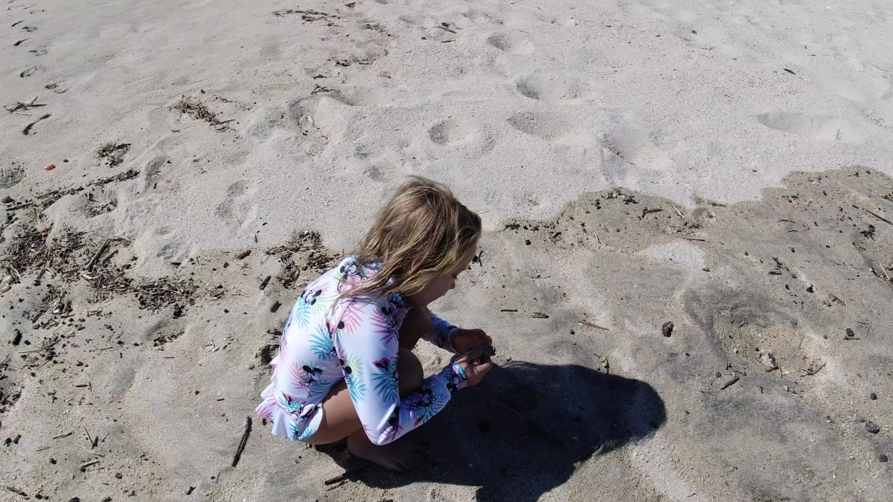 Child crouching on sunlit beach sand