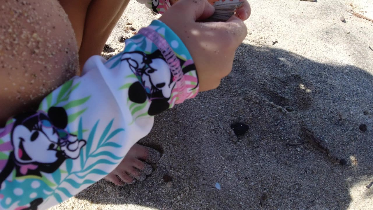 Close view of a child in a colorful swim top crouched on sunlit sand in Los Cabos, Mexico, with knees, one hand, bare feet, pebbles, and a small dark object visible.