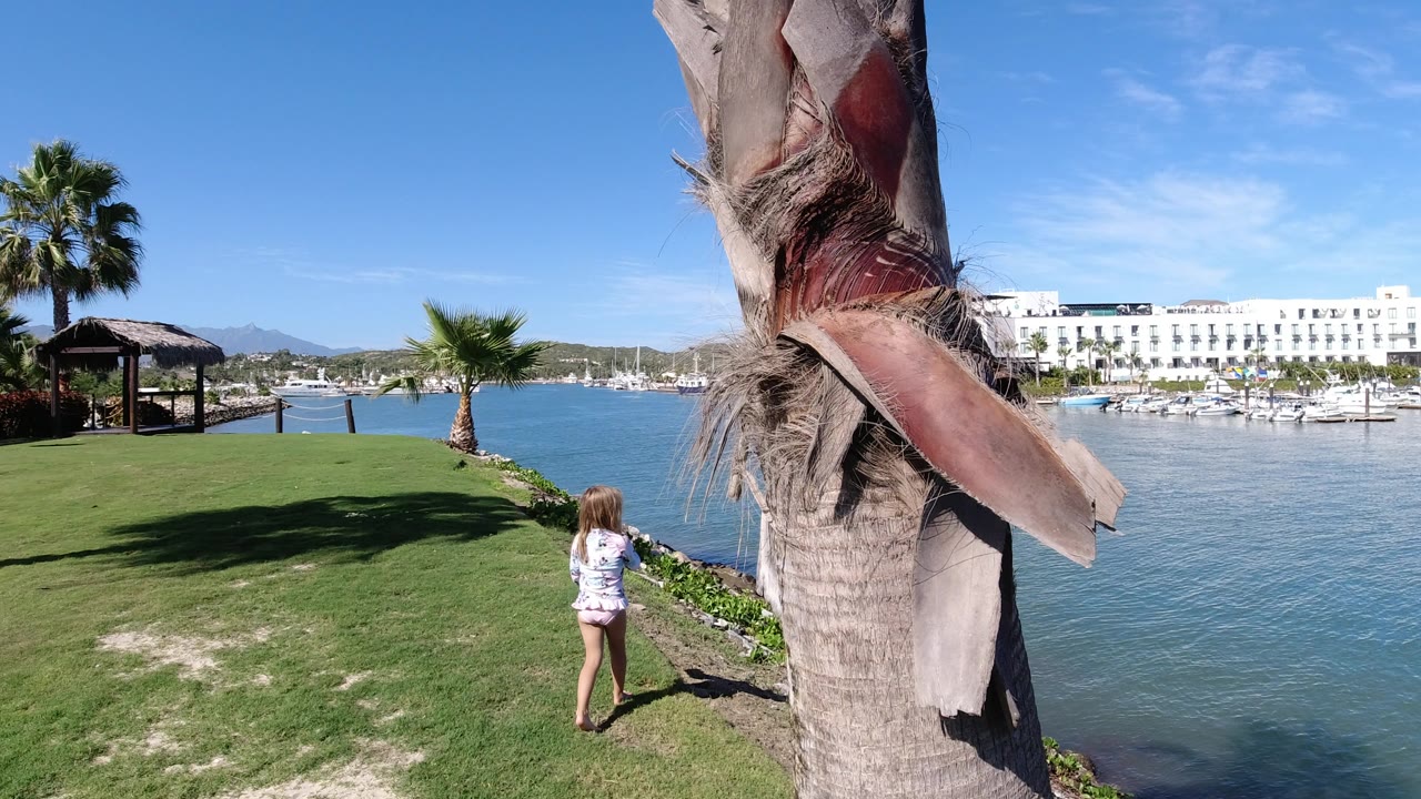 The young girl continues along the grassy edge in Los Cabos, with a palm trunk close to the camera, small palms on the lawn, blue water, boats, and white buildings behind her.