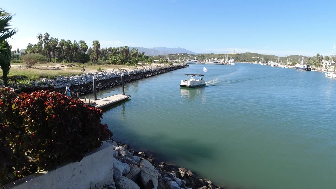 Small white boat crossing a calm marina channel near rocks and palms.