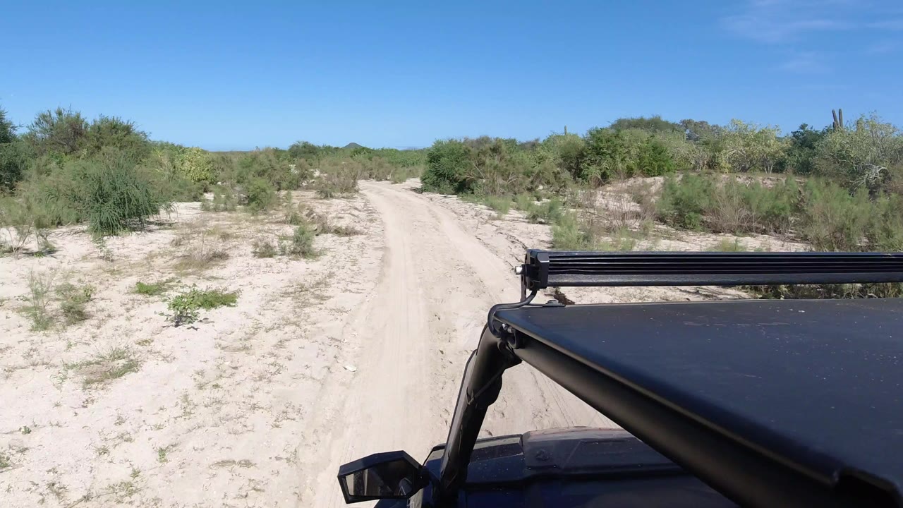 A sandy track in Los Cabos runs between low desert shrubs, with a black vehicle roof and light bar in the foreground and no visible people.