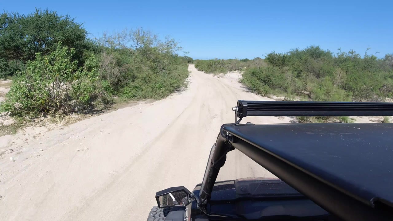 Opening view from a vehicle on a pale sandy track in Los Cabos, Mexico, with green shrubs on both sides, blue sky overhead, and no visible people.