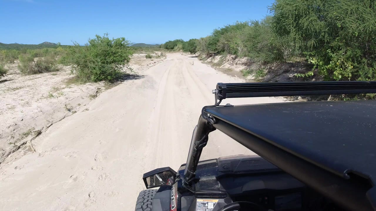 The buggy hood and roll bar sit in the foreground as the sandy Los Cabos track curves past dense green brush under a clear blue sky, with no visible people.