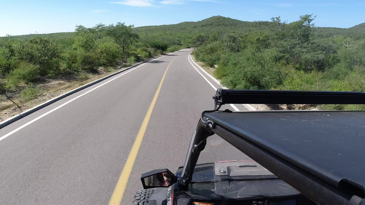 The Los Cabos road continues ahead with the vehicle hood and roof rack at the bottom of frame, dense green shrubs on both sides, and no visible people.