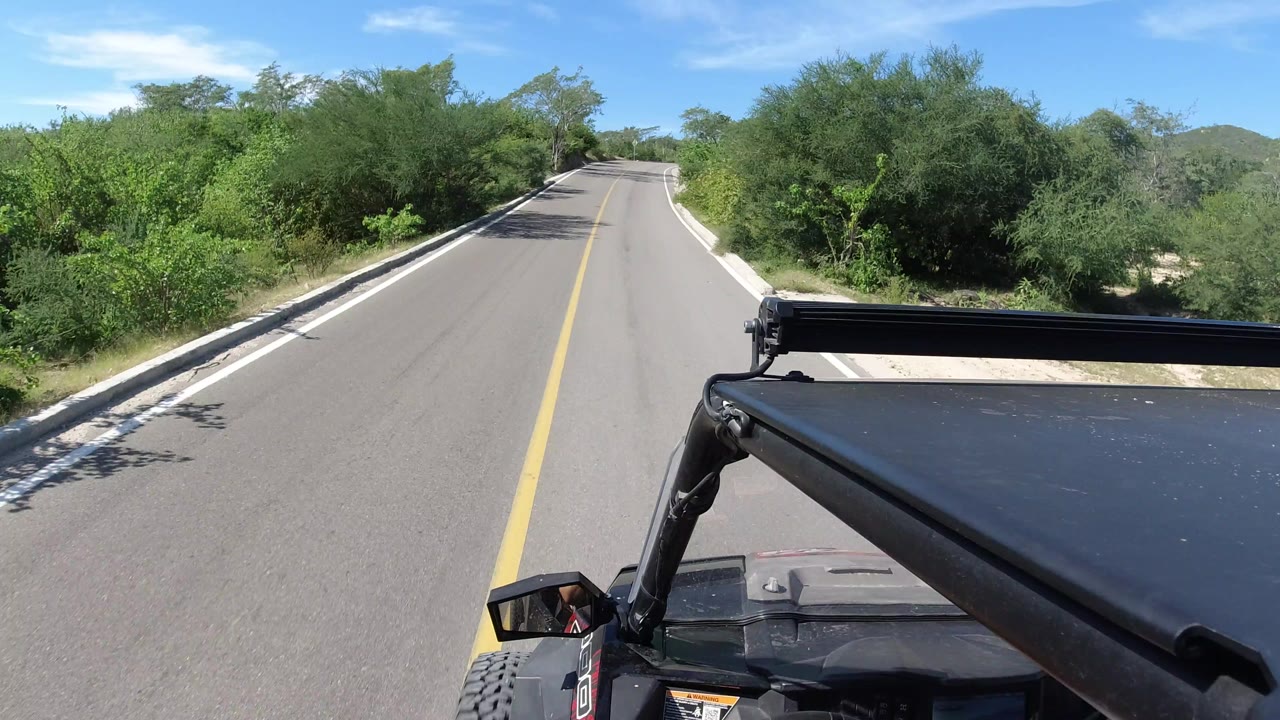 The road continues ahead in Los Cabos, Mexico, with the yellow line centered, dense green scrub close to the shoulders, the black vehicle roof at lower right, and no visible people.
