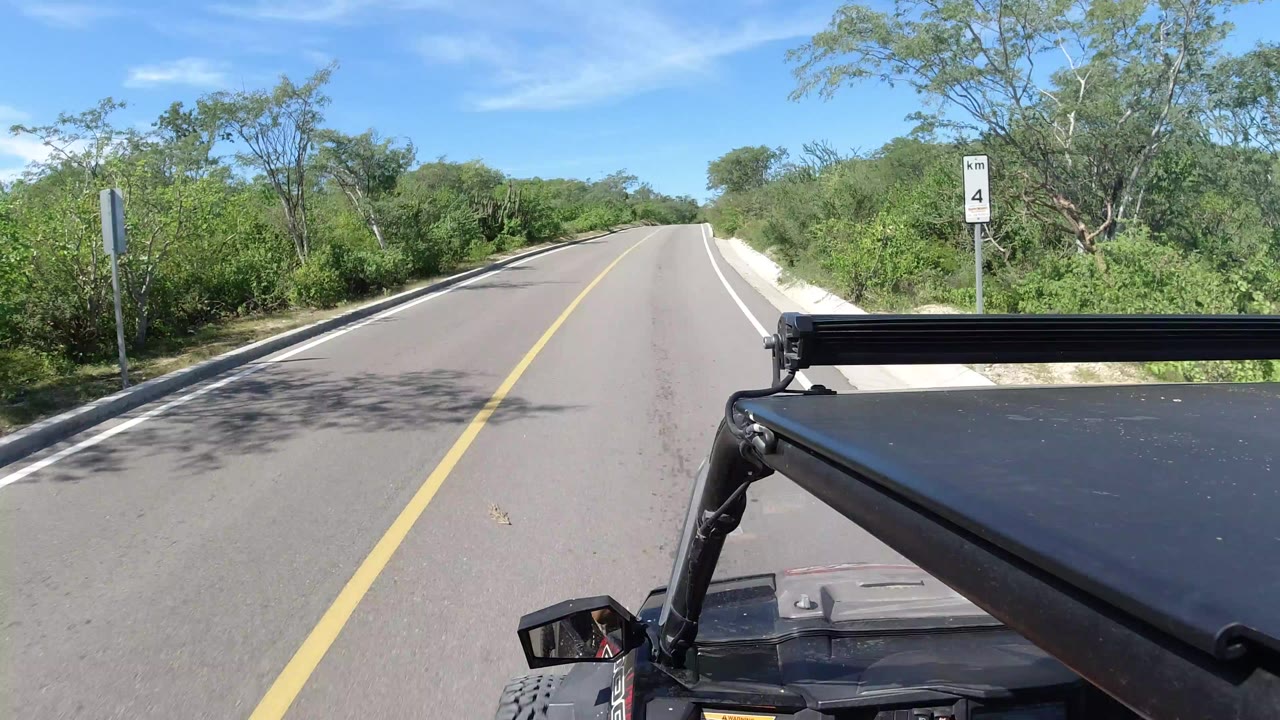 Forward view from a vehicle on a narrow paved road in Los Cabos, Mexico, with a yellow center line, roadside brush, blue sky, and no visible people.