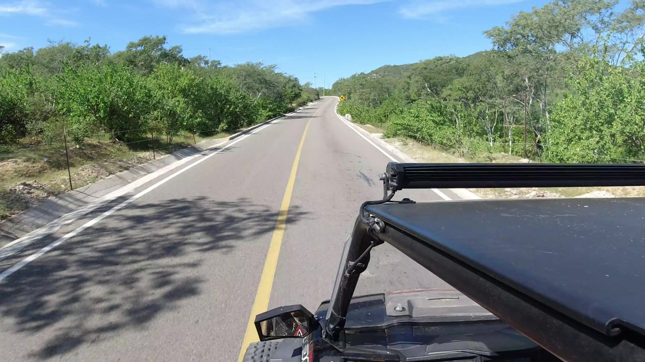 The vehicle-mounted view continues along the Los Cabos road, with the yellow center line leading toward low hills and dense green roadside trees, with no visible people.