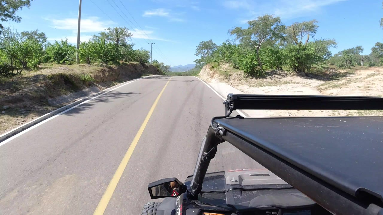 Two-lane road viewed from a moving vehicle with trees and blue sky.