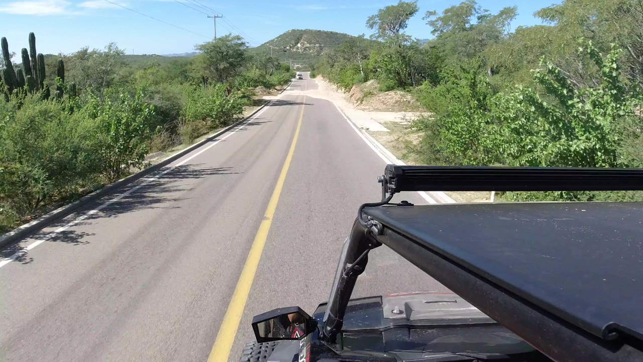 A forward road view in Los Cabos, Mexico, shows the yellow center line leading toward a low hill, with cactus and brush along the roadside and no visible people.