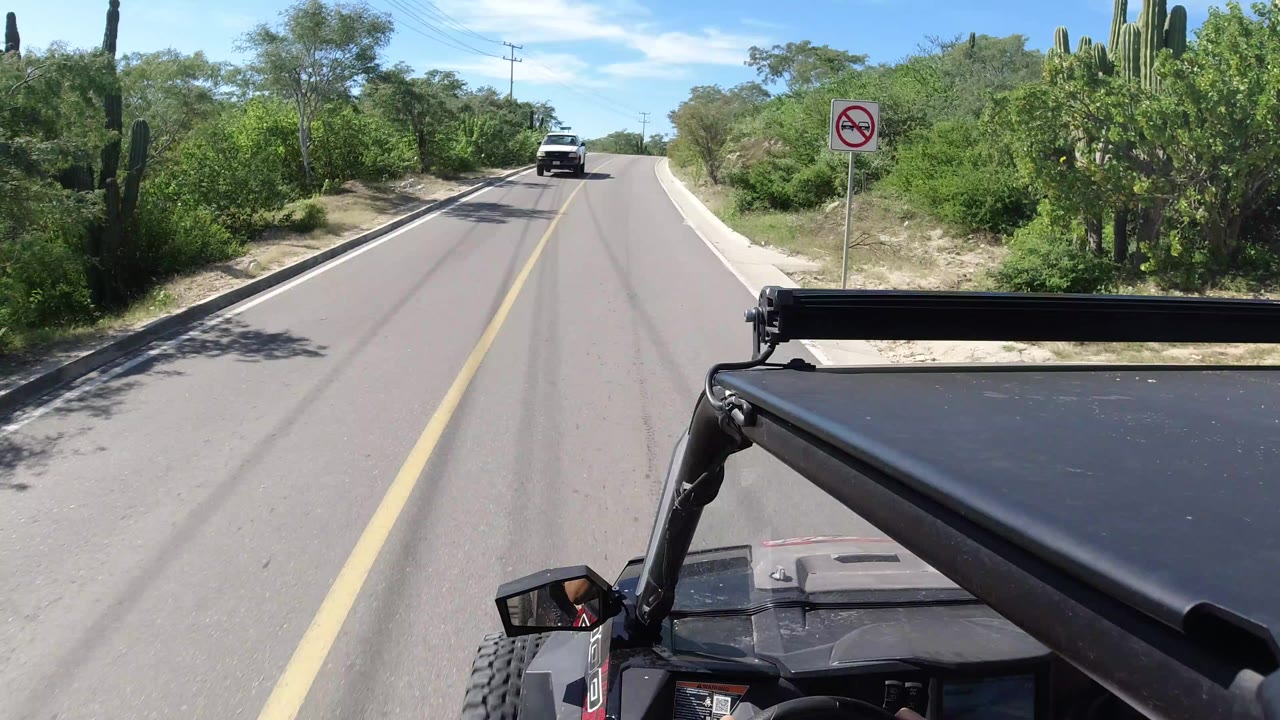 Paved road ahead with Wrangler roof in foreground and cactus along the roadside.