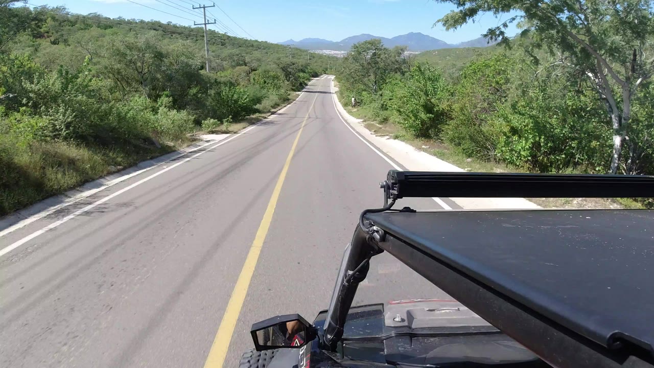 Los Cabos road view continues past dense green roadside trees, with the Jeep roofline at lower right, utility poles along the left, mountains on the horizon, and no visible people.