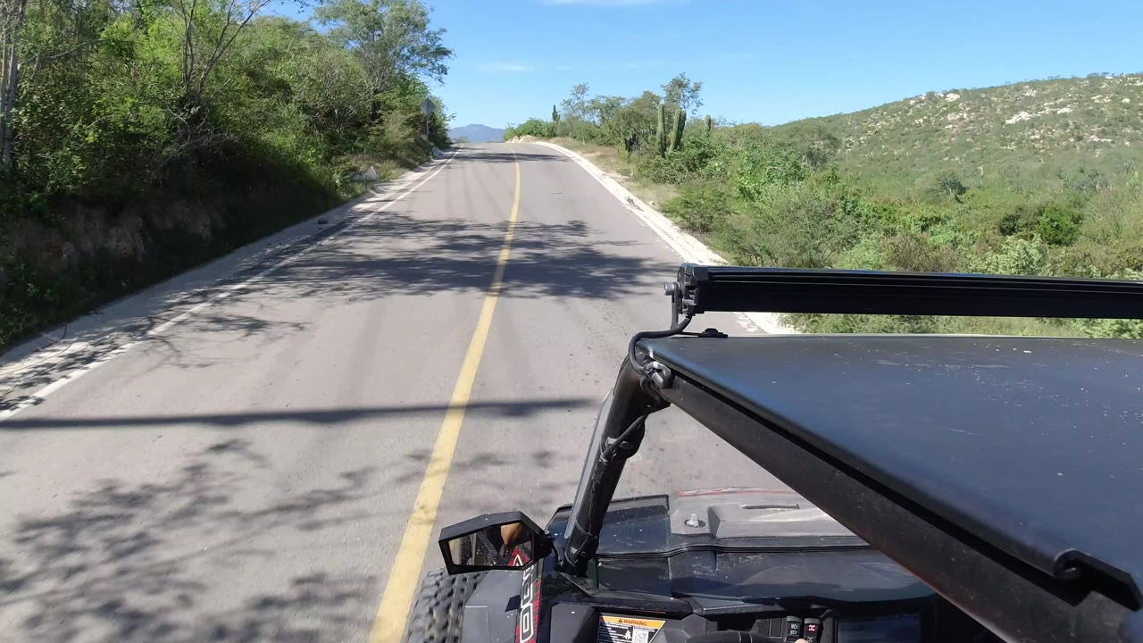 Forward vehicle view of an empty paved road in Los Cabos, Mexico, with trees on both sides, low hills ahead, blue sky, and no visible people.