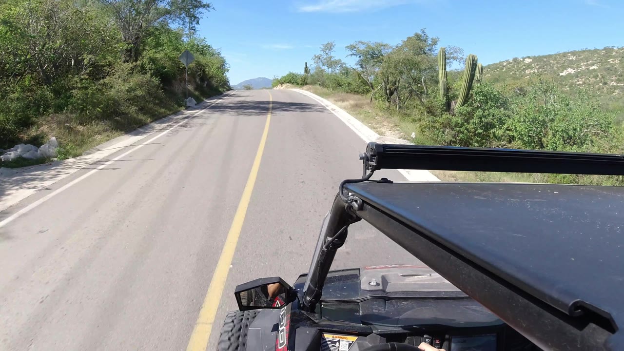 Empty road curving slightly with cactus and hills beside the vehicle.