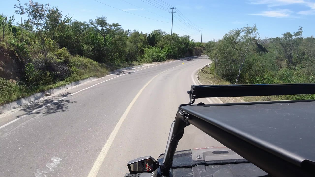 Empty curving road with trees and black vehicle roof bar