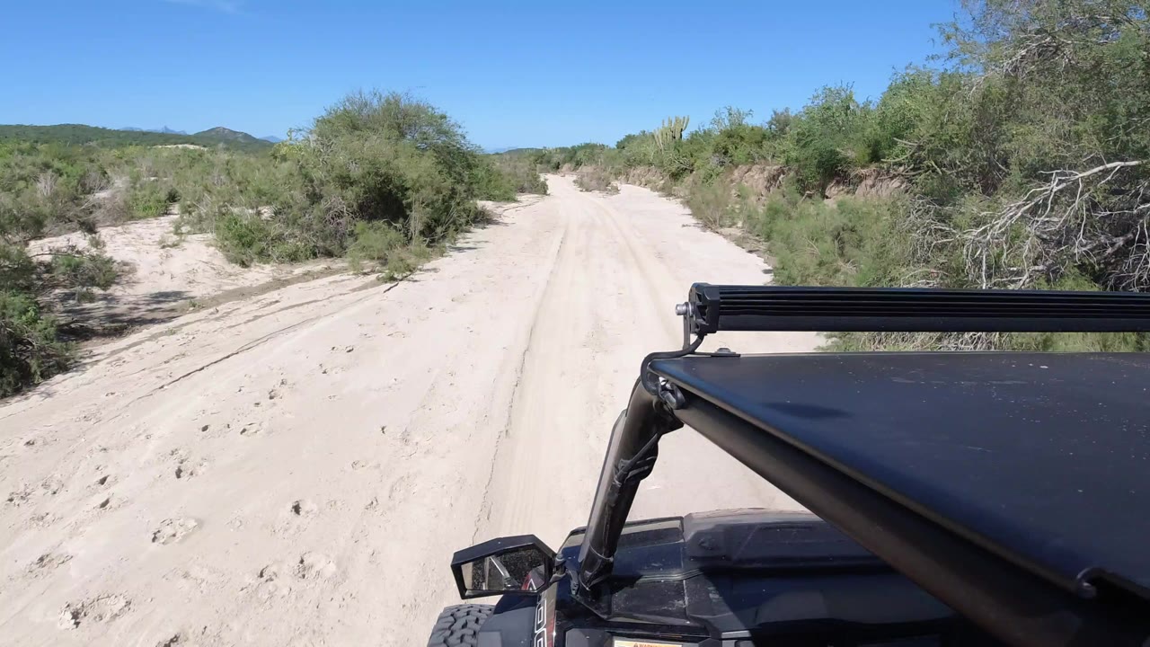 Sandy dirt road ahead of an off-road vehicle in scrubland.