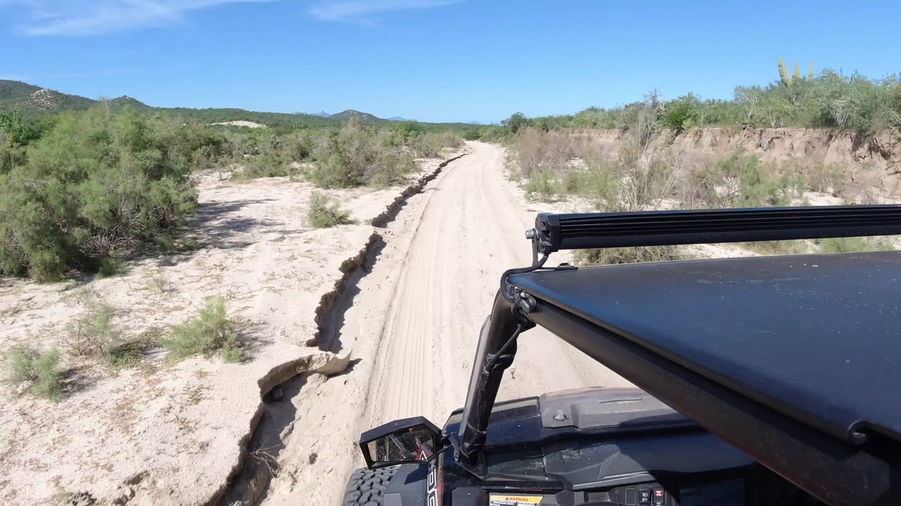 The Los Cabos desert track stays centered beyond the Wrangler roof, with a deeper eroded rut along the left edge, dense green scrub to the right, distant hills, and no visible people.