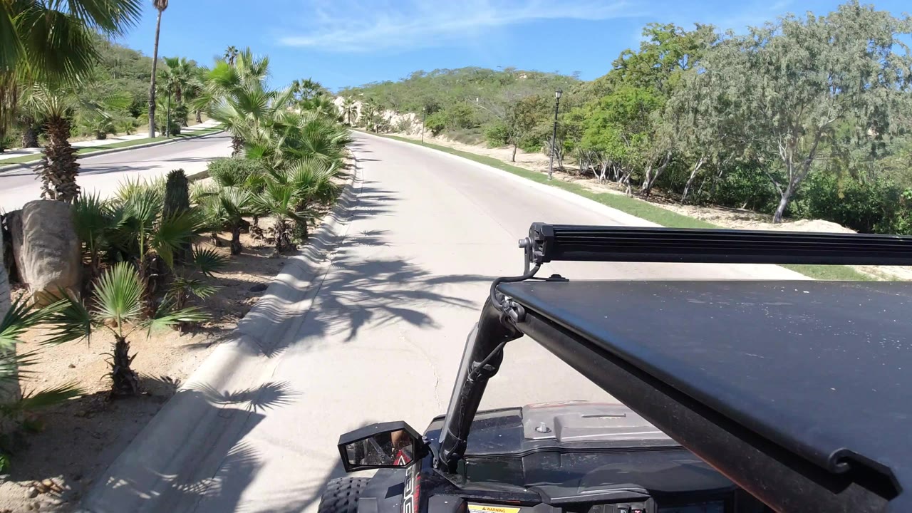 The camera view looks over the black vehicle roof toward a quiet Los Cabos road bordered by palms, low shrubs, sandy ground, and no visible people.