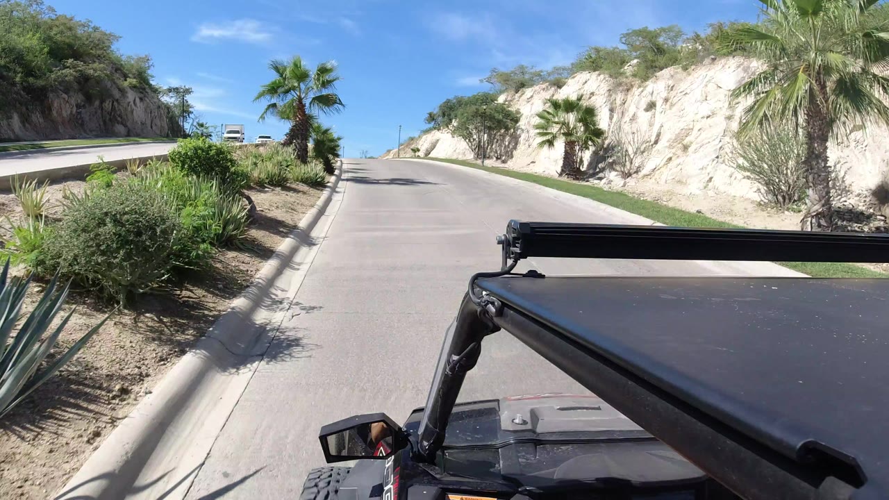A forward vehicle view in Los Cabos shows a divided paved road, curbside desert plants, palm trees, pale hillside, blue sky, and no visible people.