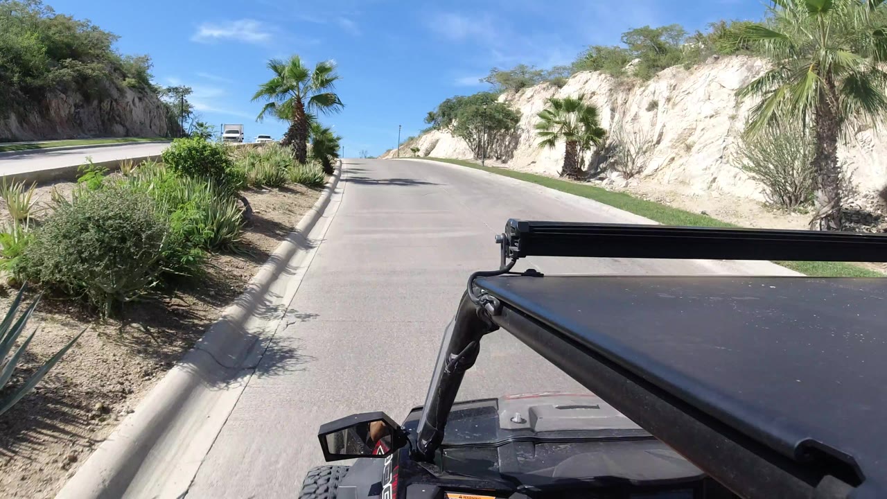 A vehicle-mounted perspective in Los Cabos looks up a lightly curving road with palms and shrubs on both sides, a pale cut slope, blue sky, and no visible people.