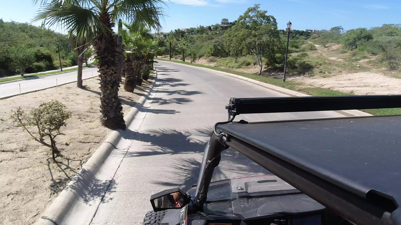 Opening view in Los Cabos, Mexico, with a black golf cart roof and side mirror in the foreground, an empty curved road ahead, palms on the left, dry shrubs on the right, and no visible people.