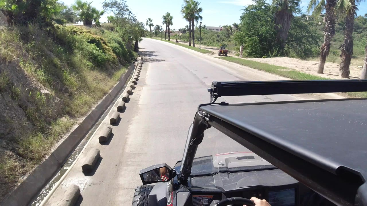 The Wrangler foreground remains low in frame as the Los Cabos road opens ahead, with curb blocks on the left, palm trees on both sides, and no visible faces.