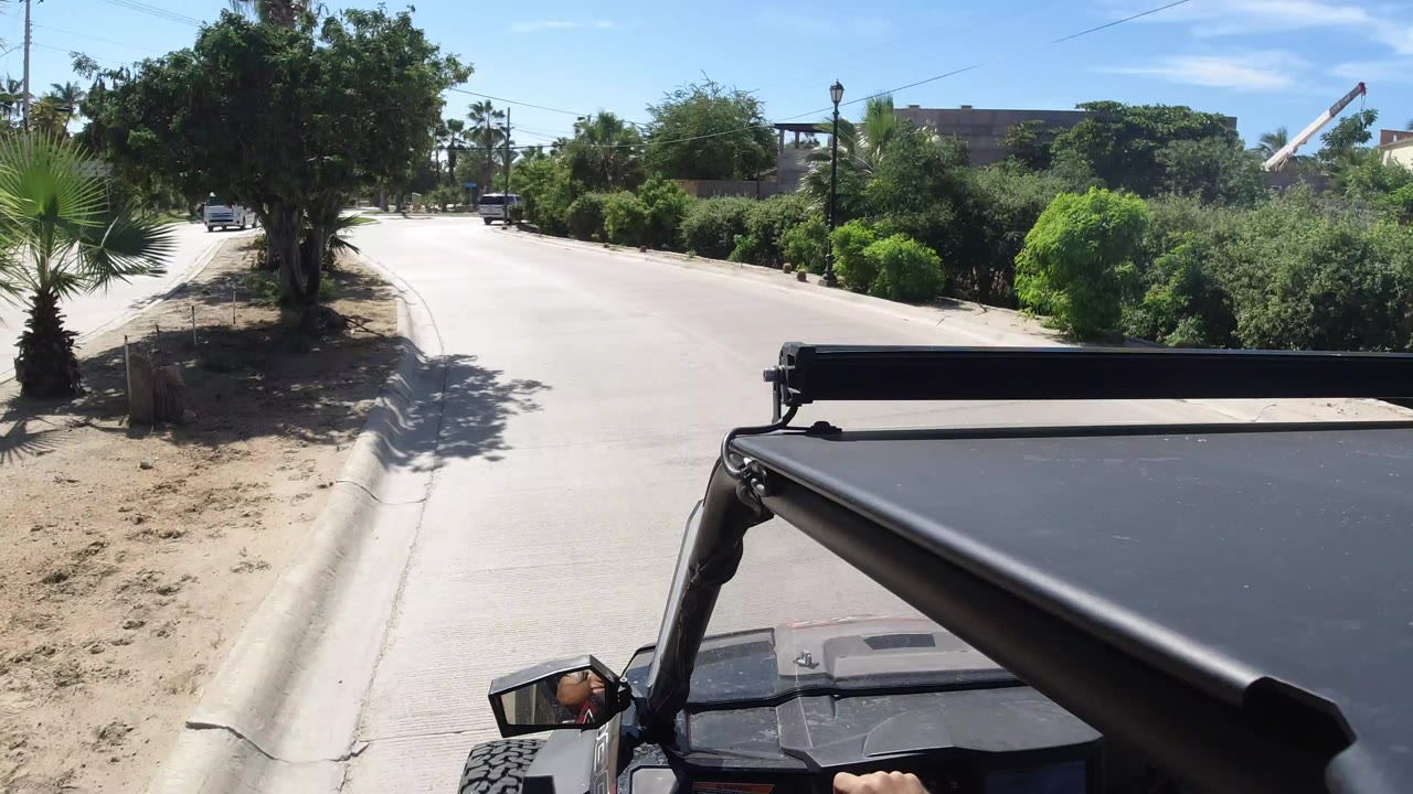 Jeep-style vehicle foreground on a sunny paved roadside with trees and shrubs.