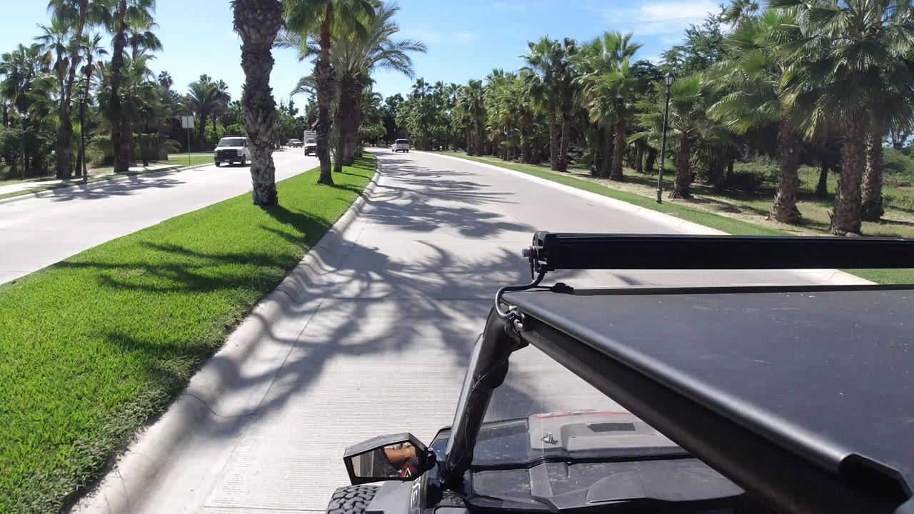 Opening frame from Los Cabos, Mexico showing the black Jeep roof and windshield edge in the foreground, a pale two-lane road ahead, palms on both sides, and no visible people.