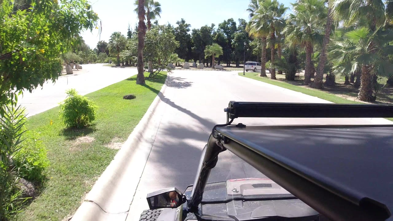 A slightly farther forward Los Cabos road view shows the Wrangler roof at lower right, a straight paved lane, green lawn, palms, dense trees, and no clearly visible people.