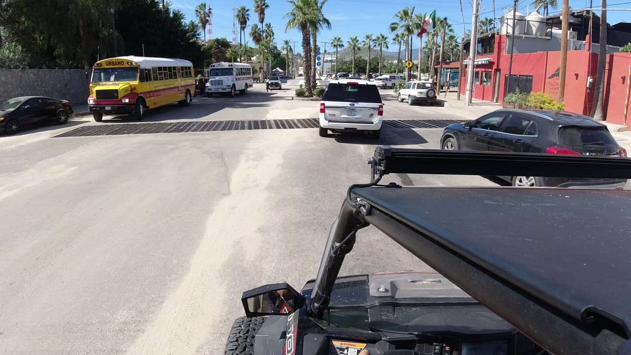 Sunny road with yellow bus, vans, cars, palms, and vehicle roof in foreground.