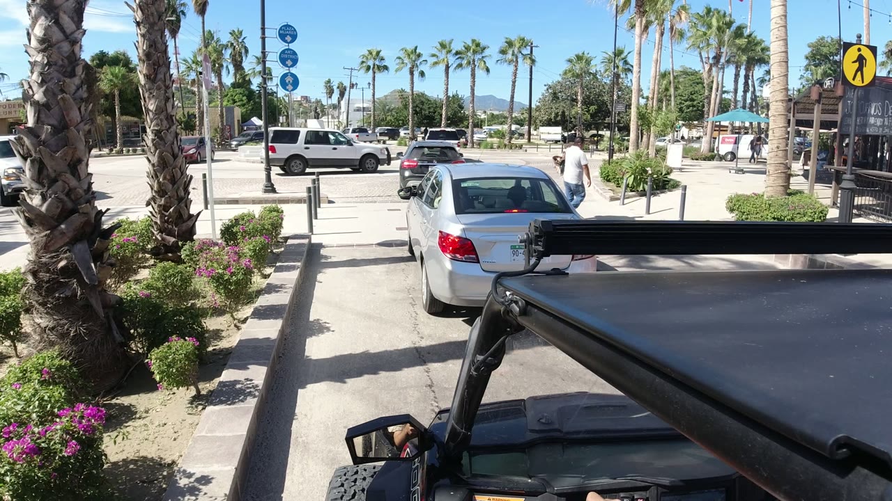 Los Cabos road frame with the vehicle roof in front, a silver sedan ahead, a man walking near the sidewalk, palms, traffic, and bright planted borders.