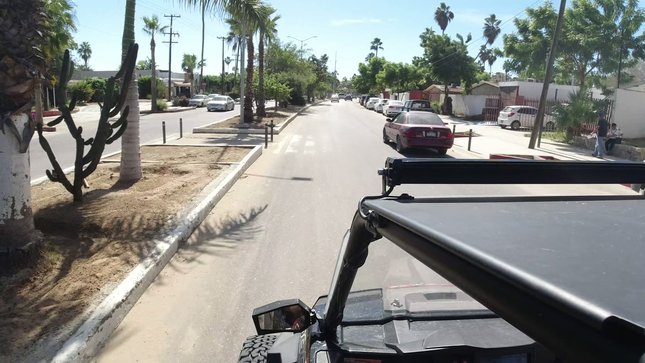 Forward view from a Wrangler on a sunlit residential street with parked cars and palm trees.
