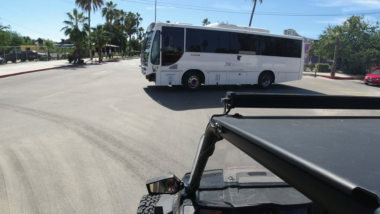 White shuttle bus crossing a sunny intersection with palms in the background.