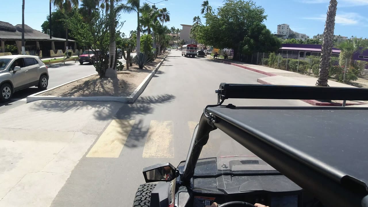 Los Cabos road frame with the vehicle hood and roof support in front, a silver SUV near the curb, palm trees, desert landscaping, and no clearly visible people.