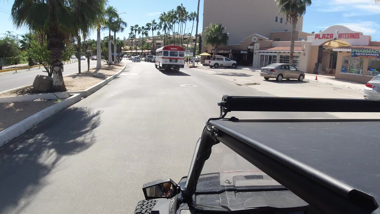 Forward view in Los Cabos, Mexico, with a red and white bus ahead on a sunlit road, palm trees on both sides, shopfronts to the right, and no clearly visible people.