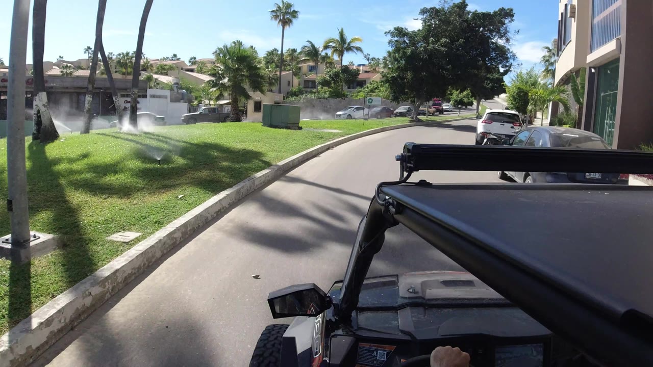 Sunlit neighborhood road beside lawns, palms, a utility box, parked cars, and white residential walls.