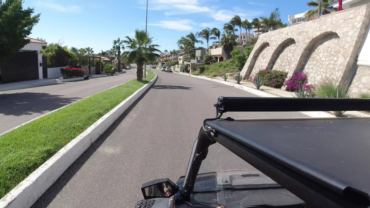 Forward view from a Jeep in Los Cabos, Mexico, showing the hood and black support arm at the bottom, a quiet boulevard, palm trees, a grass verge, stone walls, and no visible people.