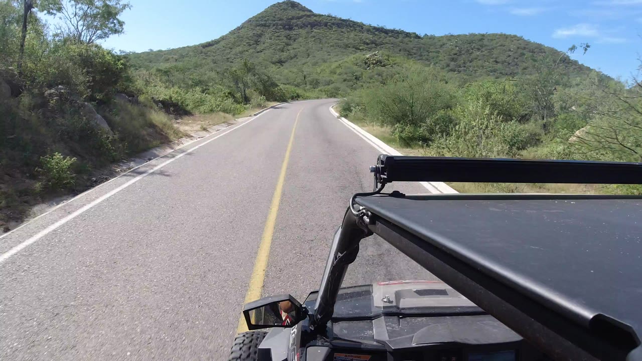 A Los Cabos road curves gently through green roadside brush toward low hills, with the Wrangler roof frame visible in the foreground and no clearly visible people.